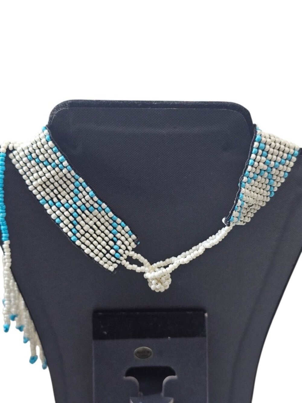 Vintage Beaded Fringe Bib Necklace Blue White Statement Tribal Boho Native Style - Picture 2 of 11